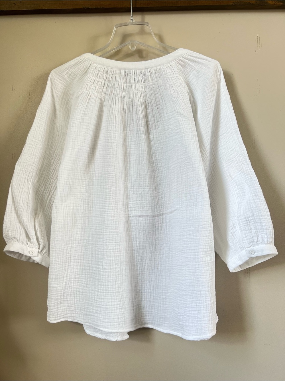 Mac and Me White Cotton Gauze Tie Neck Peasant Blouse 1X Boho Coastal 3/4 Sleeve - Picture 4 of 16